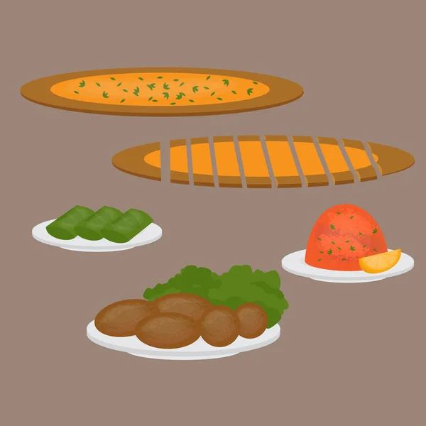 一般的なメインとサイドディッシュ、パイド、ドルマ、キシルとコフテ。トルコのピザ、レンズ豆のサラダ、カツレツ、ブドウの葉のぬいぐるみ。トルコ料理の伝統料理. — ストックベクタ