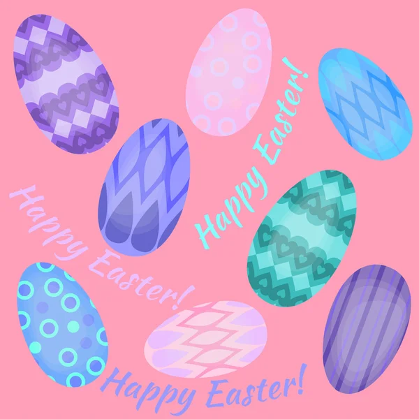 Tarjeta de vacaciones de Pascua con huevos de colores planos, elementos de diseño de Pascua feliz, decoración para la celebración — Vector de stock