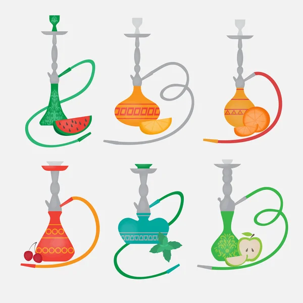 Set of hookah icons. Labels for nargile shop or shishe lounge. Fruit flavor of tabacco — Stock Vector