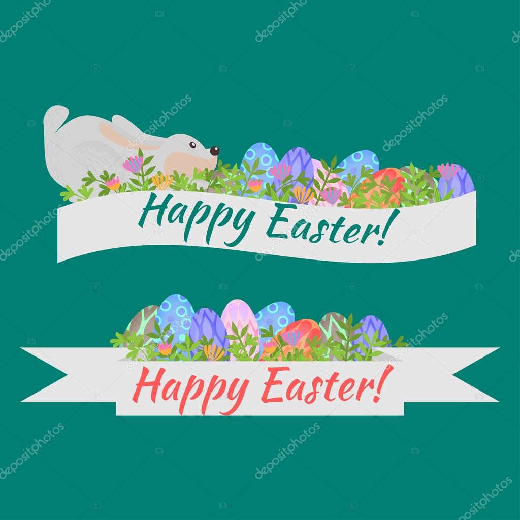 Easter holiday card with colorful eggs, flowers and rabbit flat, Happy Easter floral ribbon with bunny design elements, decoration for celebration