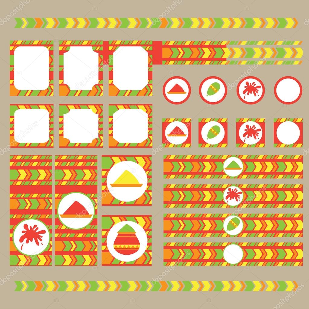 Printable set of indian Holi party, festival of colours elements. 