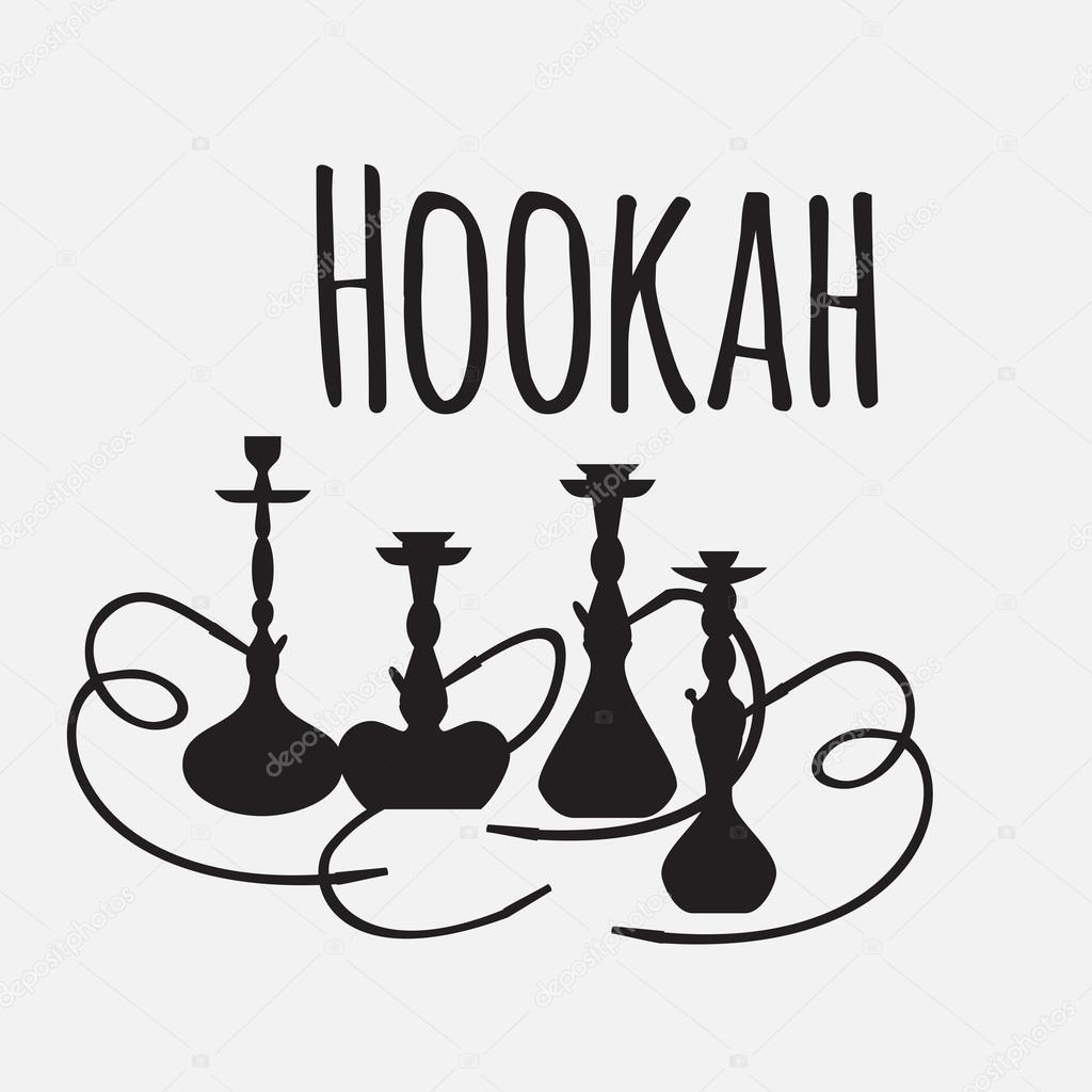 Hookah labels and smoke logo. Set of oriental nargile silhouettes. Isolated  traditional shishe on white background