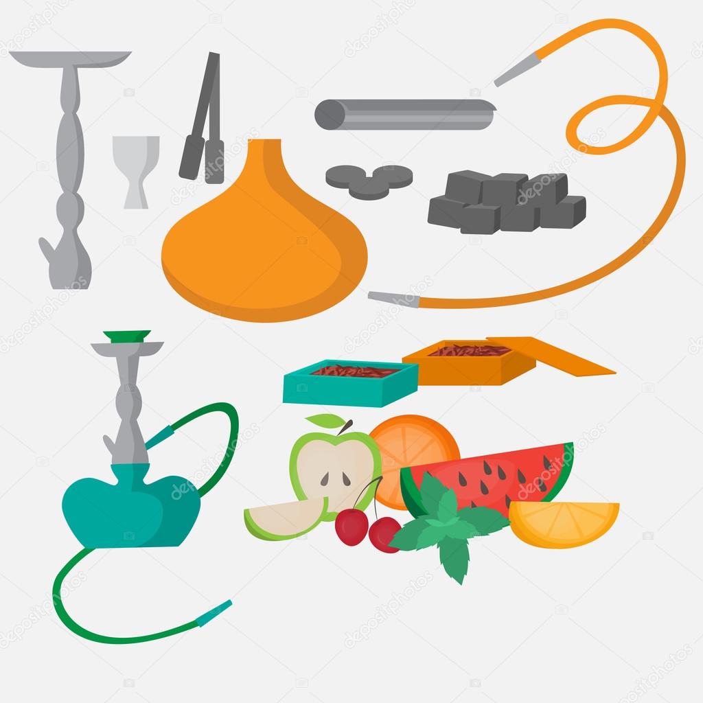 Set of hookah icons. Waterpipes, charcoal and accessories. Labels for shishe shop or nargile lounge, Fruit flavor of tabacco citrus, mint and berry