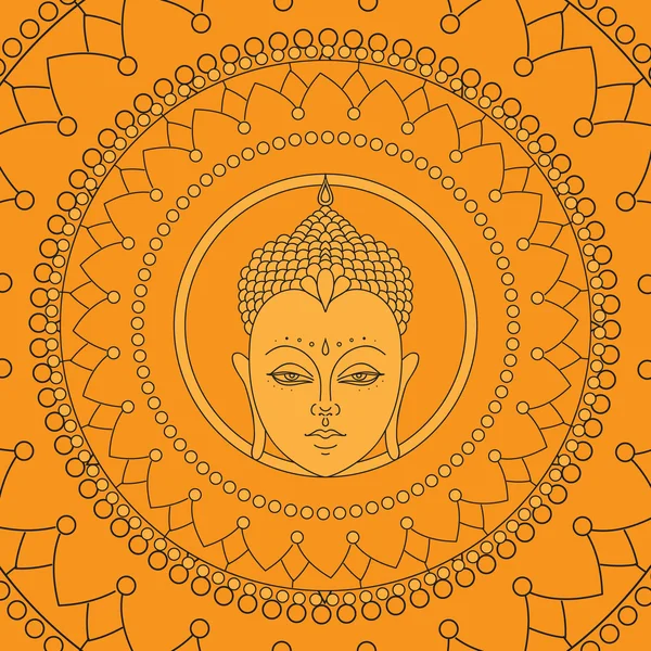 Mandala'daki Buda'nın başı. Mudra'nın izole simgeleri. Güzel detaylı, sakin. Vintage dekoratif unsurlar. Hint, Hindu motifleri. Dövme, yoga, maneviyat, tekstil. — Stok Vektör