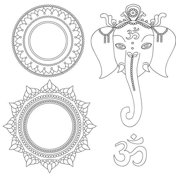 Hälsning vackert kort med elefant. Design element för födelsedag och annan semester. Hinduism Gud Ganesha med Mandala. Line Art Indian religion Stockillustration