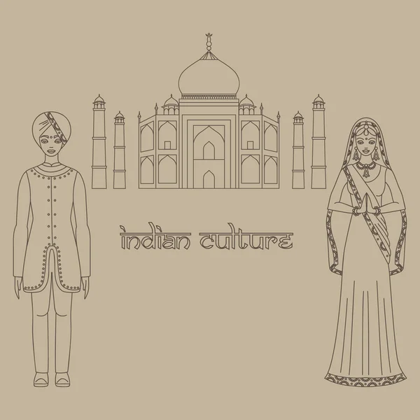 인도 아그라의 타지마할 사원 랜드마크. 인도 흰색 대리석 무덤, 인도 건축 과 남아시아 아름 다운 여자와 남자 를 입고 인도 전통 천, 힌두교 의상 — 스톡 벡터