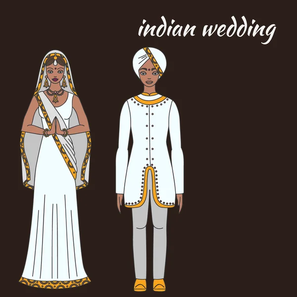 Mariée d'Asie du Sud, cérémonie de mariage. Célébration traditionnelle indienne, couple amoureux, costume hindouisme — Image vectorielle