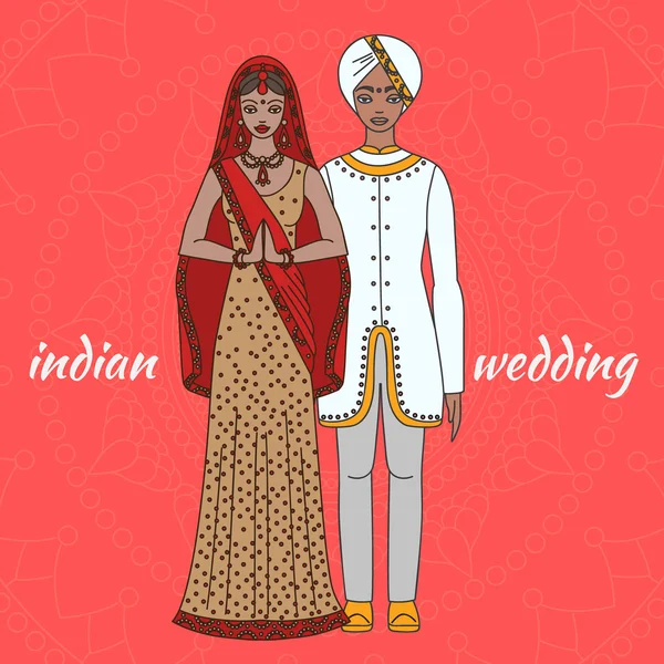 Noiva e noivo do Sul da Ásia, cerimónia de casamento. Celebração tradicional indiana, casal de amor, traje hinduísmo — Vetor de Stock