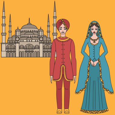 Geleneksel türk giyim, ulusal orta doğu kumaş, erkek ve kadın sultan kostümü ve Sultan Camii, Sultanahmet Camii, İstanbul, Türkiye, Orta Doğu İslam mimarisi
