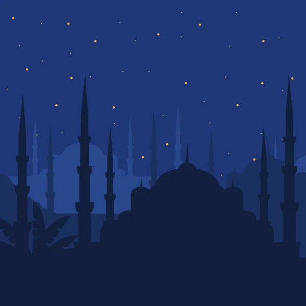 De blauwe moskee, Sultanahmet Camii, Istanboel, Turkije, Midden-Oosten islamitische architectuur in de nacht — Stockvector