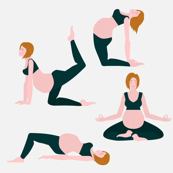 Yoga poses for pregnant women, future mother, healthy lifestyle exercises set, baby care, motherhood and fitness — Stockvector