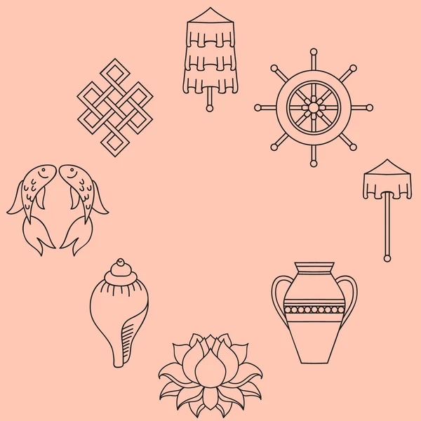 Boeddhistische symboliek, The 8 gunstig symbolen van het boeddhisme, recht-spiraalsnoer wit Conch, kostbare paraplu, overwinning Banner, gouden vissen, wiel van de Dharma, gunstig tekening, lotusbloem, vaas van Treasure. — Stockvector