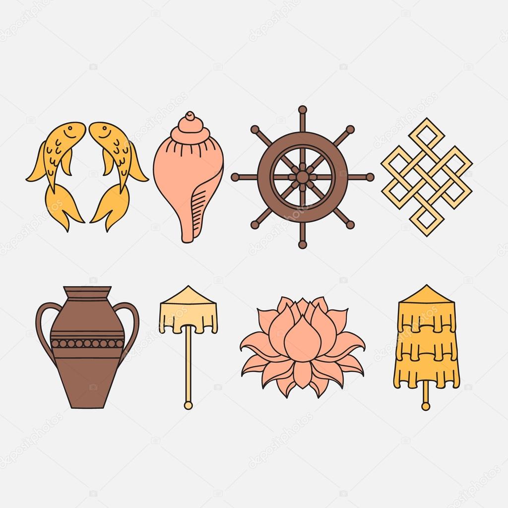 Buddhist symbolism, The 8 Auspicious Symbols of Buddhism, Right-coiled White Conch, Precious Umbrella, Victory Banner, Golden Fish, Dharma Wheel, Auspicious Drawing, Lotus Flower, Vase of Treasure.