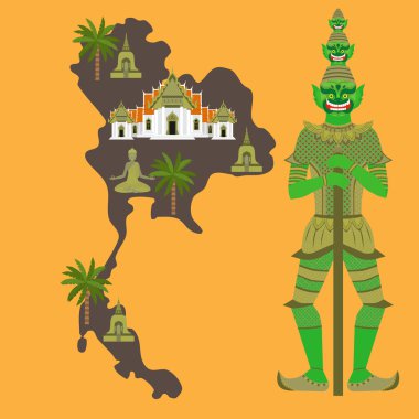 Tayland sembolü ile Harita, mermer Temple Benchamabophit, Guardian Dev Yaksha, Budist stupa - chedi, Buda heykeli