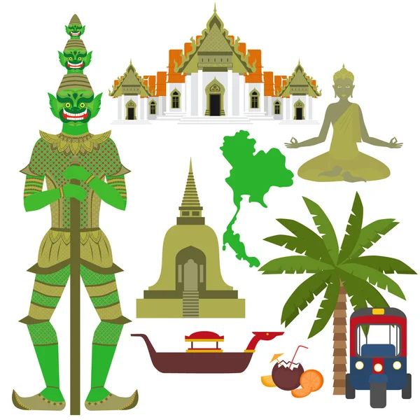 Tayland sembolü, Mermer Tapınak Benchamabophit, Guardian dev Yaksha, Budist stupa chedi, geleneksel uzun kuyruk tekne, Tay taksi araç Tuk Tuk, Buda heykeli — Stok Vektör