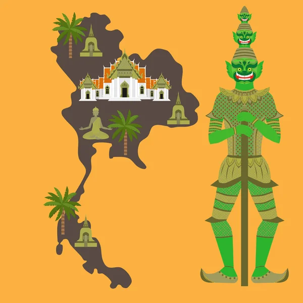 Carte avec symbole de la Thaïlande, Temple de marbre Benchamabophit, Gardien Yaksha géant, stupa bouddhiste - chedi, sculpture de Bouddha — Image vectorielle