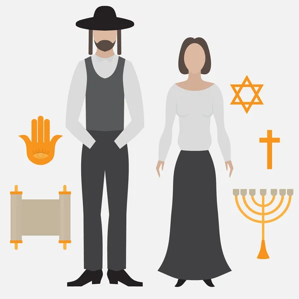 Judío ortodoxo, hombre y mujer. Icono plano — Vector de stock