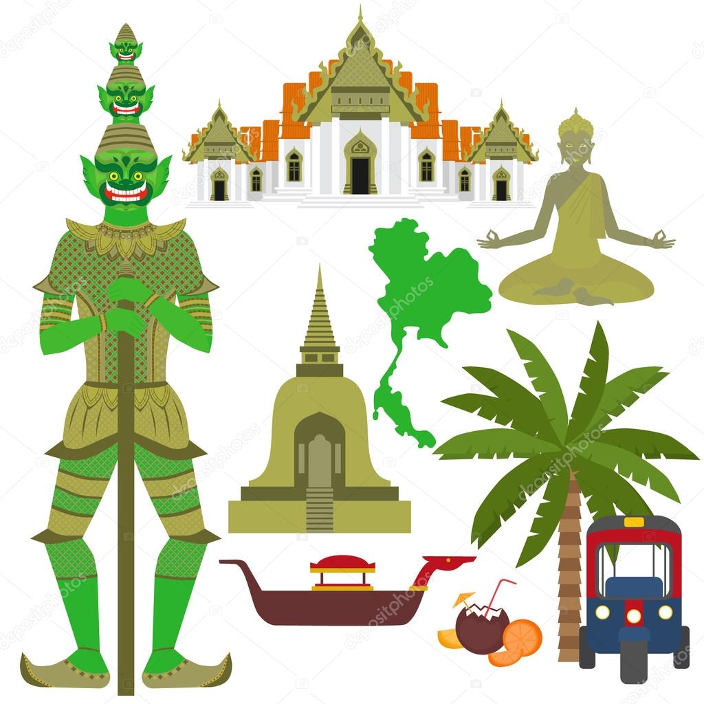Thailand symbol, marble Temple Benchamabophit, Guardian Giant Yaksha, Buddhist stupa chedi, Traditional long-tail boat, Thai taxi vehicle Tuk Tuk, sculpture of Buddha