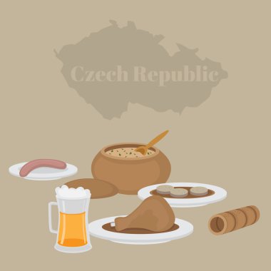 Czech republic menu, prague restaurant. Food and drink isolated, national dinner. Smoked salami sausage, beer, soup, pork leg, dumplings and backery. clipart