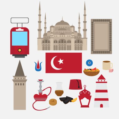 Türk düz tasarım öğeleri, Istanbul, Türkiye işareti ayarlayın. Semboller, Mimarlık ve gıda.
