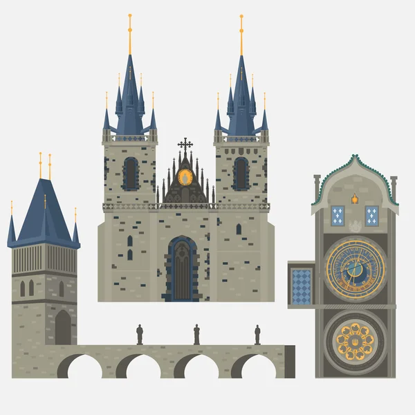 Város, Prága, Cseh Köztársaság. Egyház az anya Isten előtt Tyn, Óváros tér európai város. Híres, turisták, utazás, népszerű útjai — Stock Vector