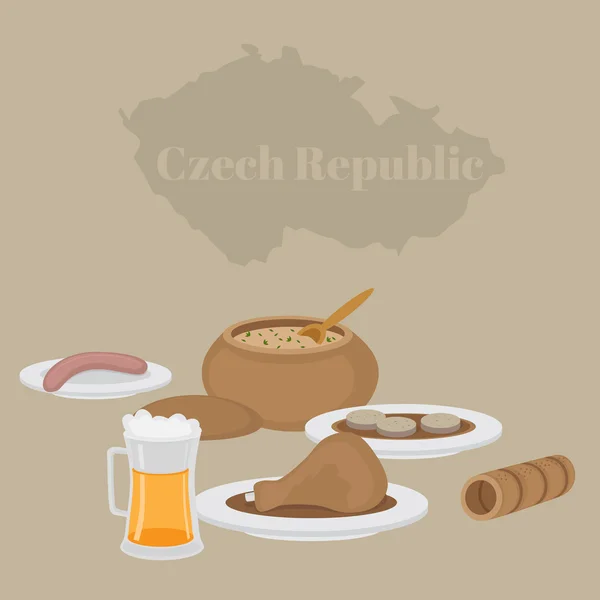 Menu Republiki Czeskiej, restauracja Praga. Jedzenie i picie na białym tle, Krajowa kolacja. Wędzona kiełbasa salami, piwo, zupa, wieprzowina noga, pierogi i backery. Grafika Wektorowa