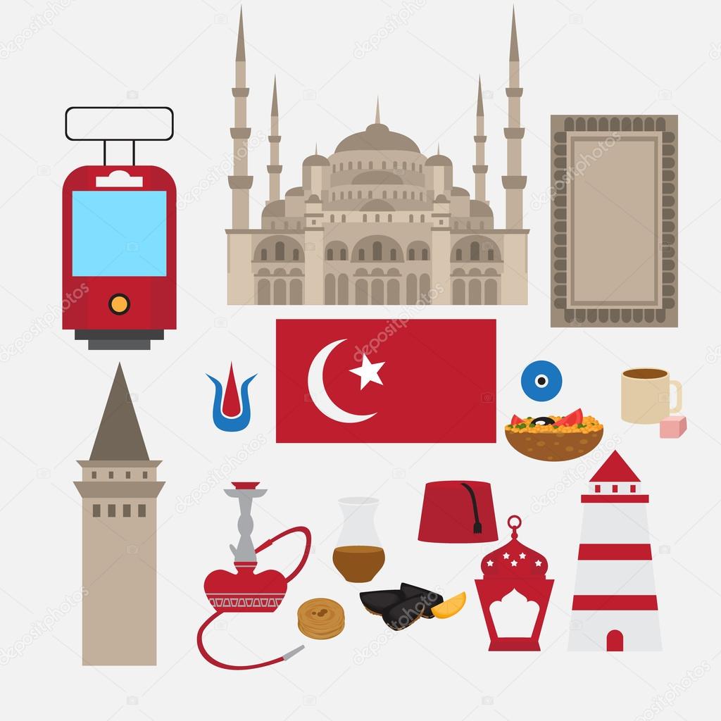Turkish flat set design elements, landmark of Istanbul, Turkey. Symbols, architecture and food.