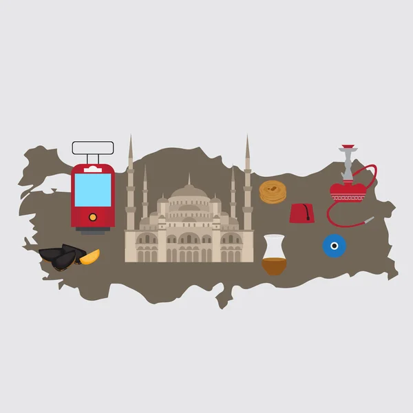 Türkisches flaches Bühnenbild, Wahrzeichen von Istanbul, Türkei. Symbole, Architektur und Essen. — Stockvektor