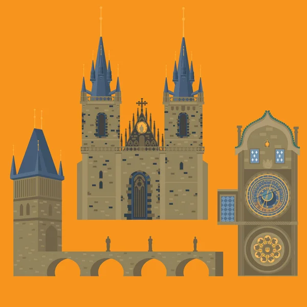 Prague town, Czech Republic. Church of Mother of God before Tyn, Old Town Square in European city. Famous, tourists travel, popular routs. — Stock Vector