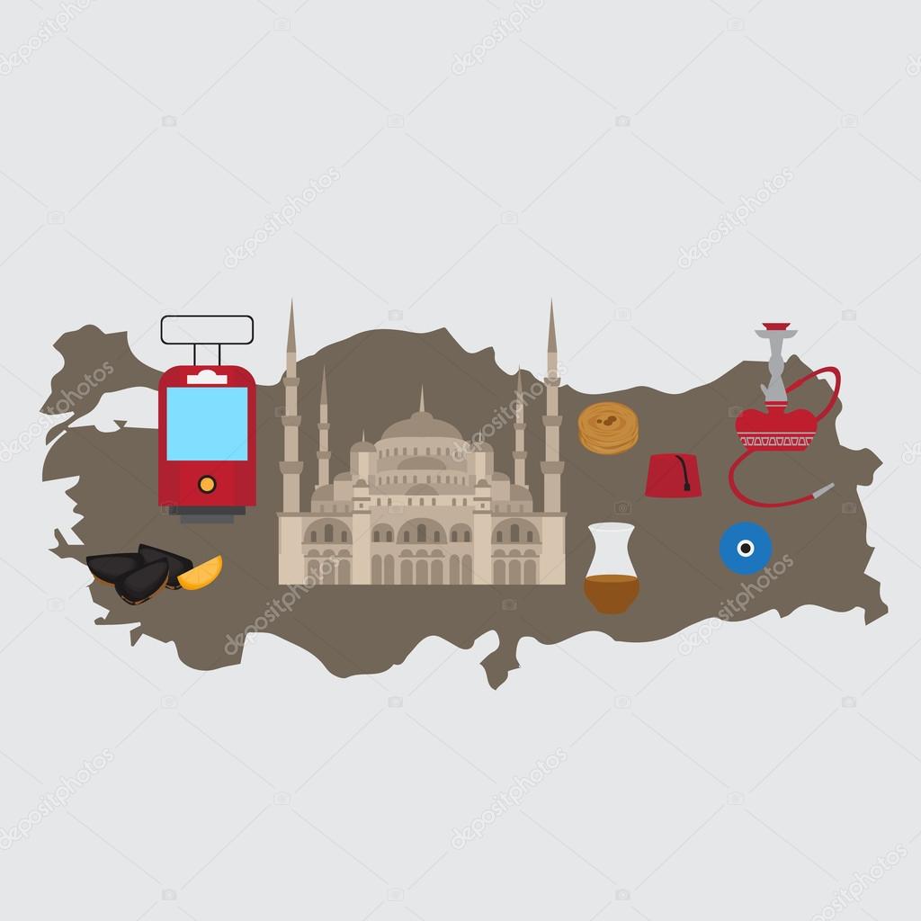 Turkish flat set design elements, landmark of Istanbul, Turkey. Symbols, architecture and food.