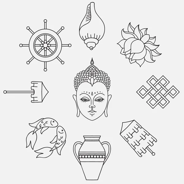 Boeddhistische symboliek, The 8 gunstig symbolen van het boeddhisme, recht-spiraalsnoer wit Conch, kostbare paraplu, overwinning Banner, gouden vissen, wiel van de Dharma, gunstig tekening, lotusbloem, vaas van Treasure. — Stockvector