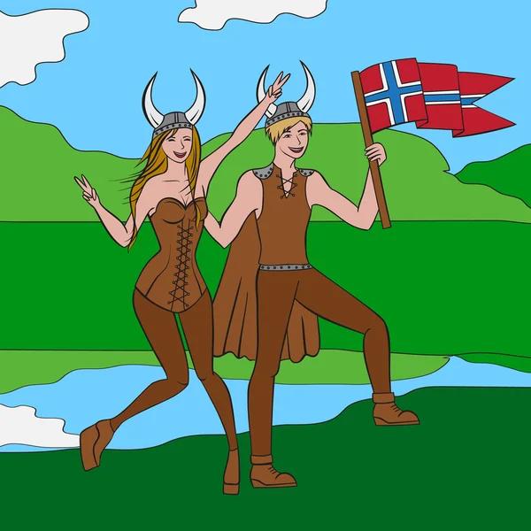 Vikings krigare nordiska pojke och flicka, skandinaviska man och kvinna i hjälm. Norska kultur och natur, Morway landskap Royaltyfria illustrationer