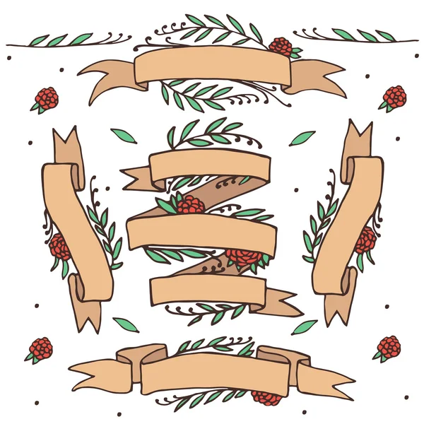 süslü çiçek şeritler, çiçekli retro afiş doodle