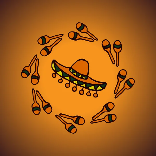 墨西哥背景草帽和马拉卡斯 — 图库矢量图片