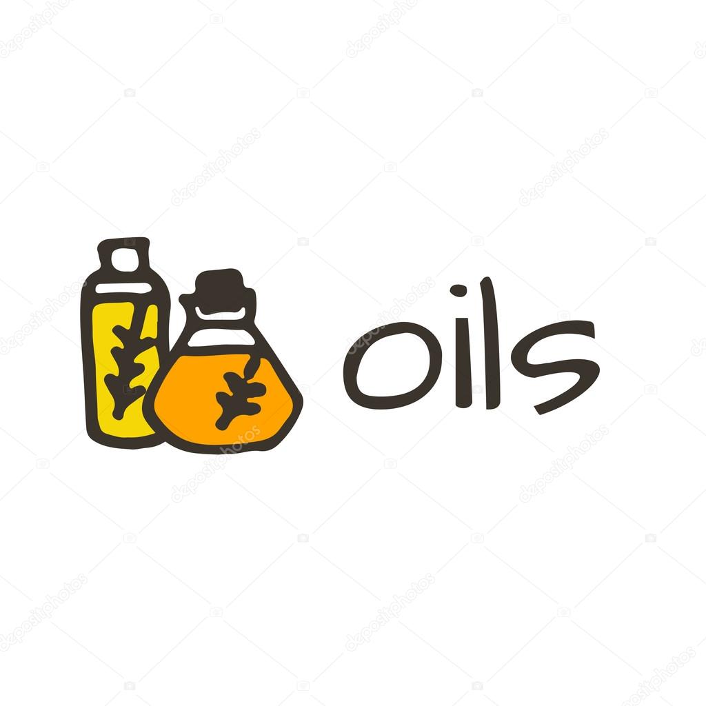 Doodle olive oil logo, oil in the bottle with plant