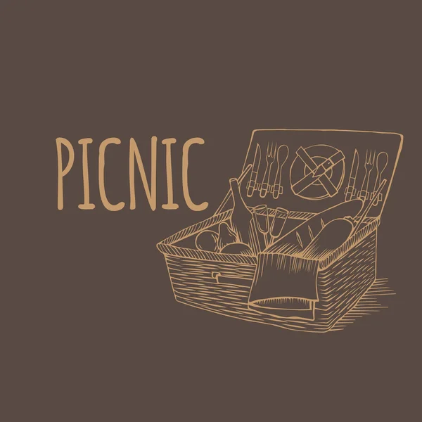 Doodle vintage picnic basket with food and drinks — Stock Vector