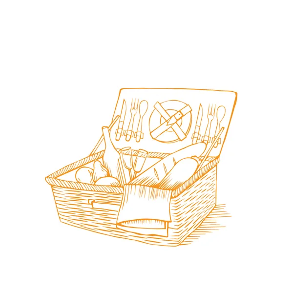 Doodle vintage piknik sepeti yiyecek ve içecekler ile