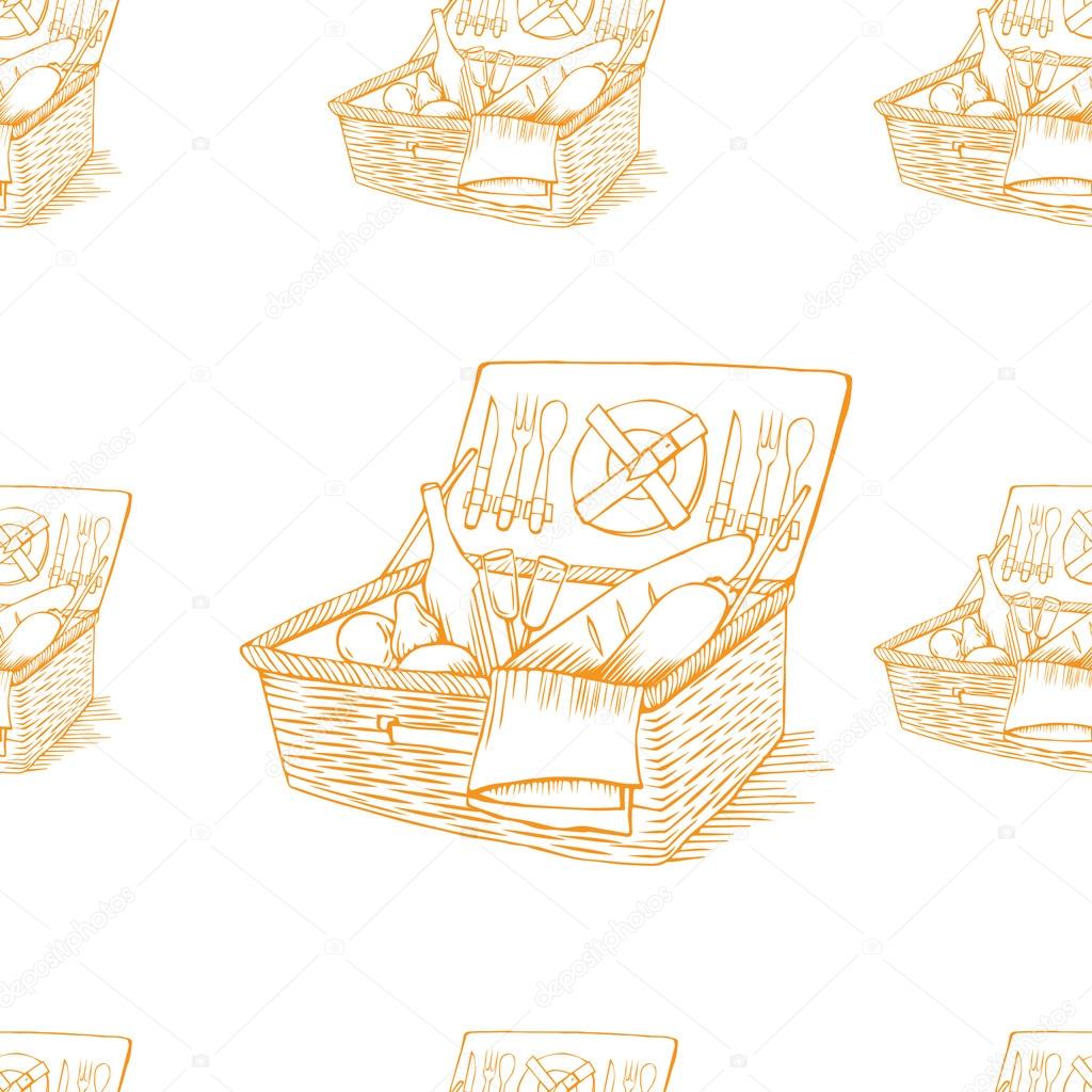 doodle vintage picnic basket with food and drinks