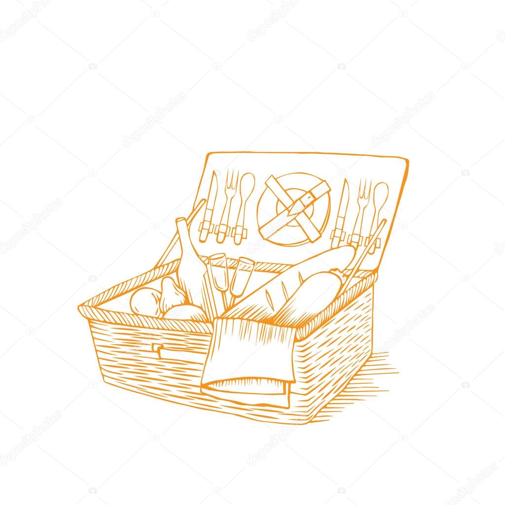 doodle vintage picnic basket with food and drinks
