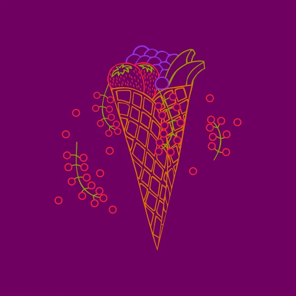 Doodle wafer cone com frutas e baga —  Vetores de Stock