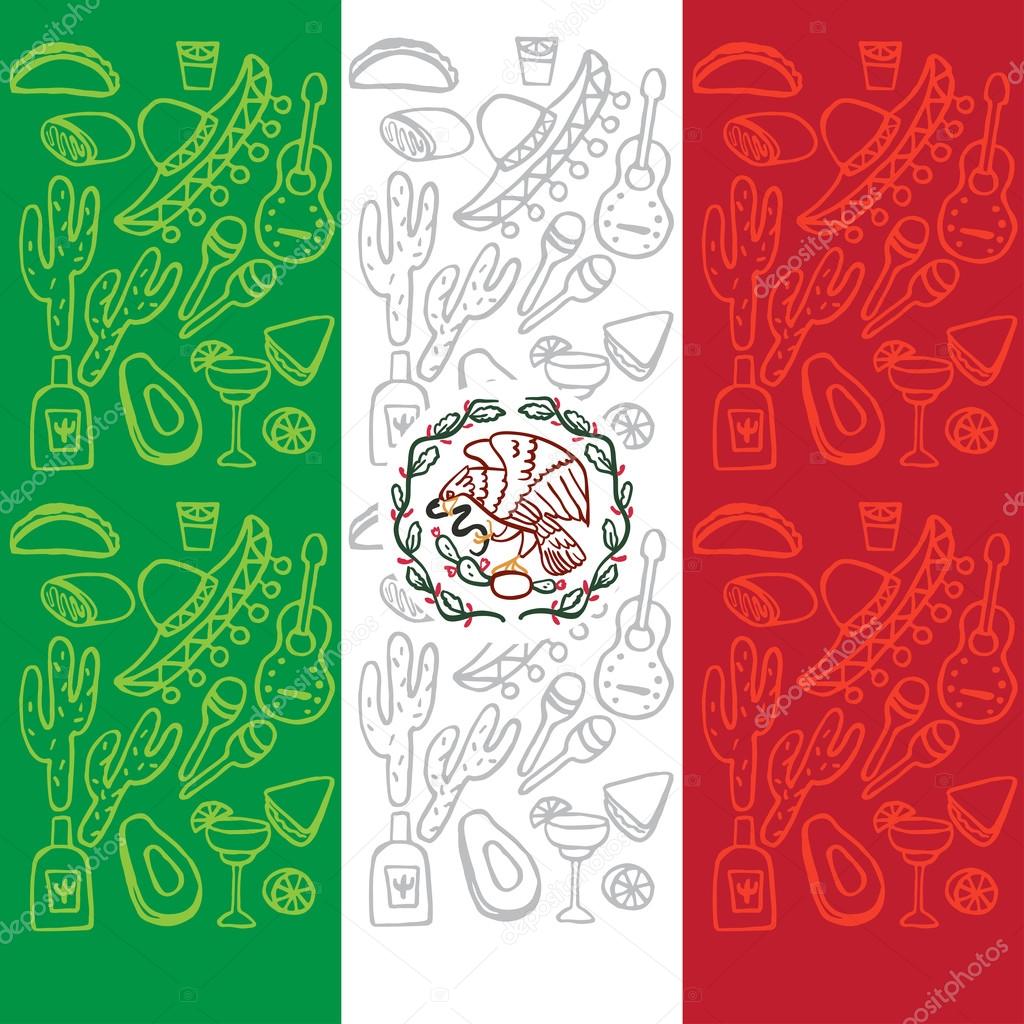 Mexican Flag with traditional elements of culture