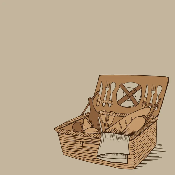 Каракулі вінтажний кошик для пікніка з їжею та напоями — стоковий вектор