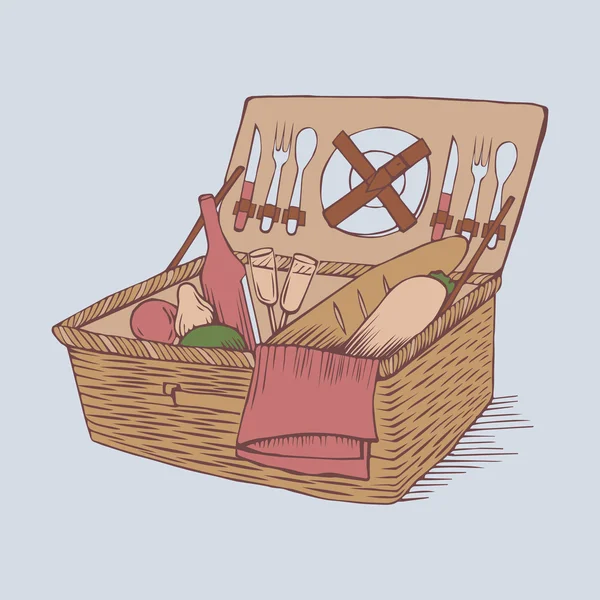 Doodle vintage piknik sepeti yiyecek ve içecekler ile