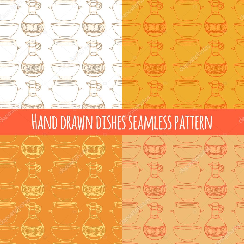 Empty hand drawn cooking dishes, seamless pattern