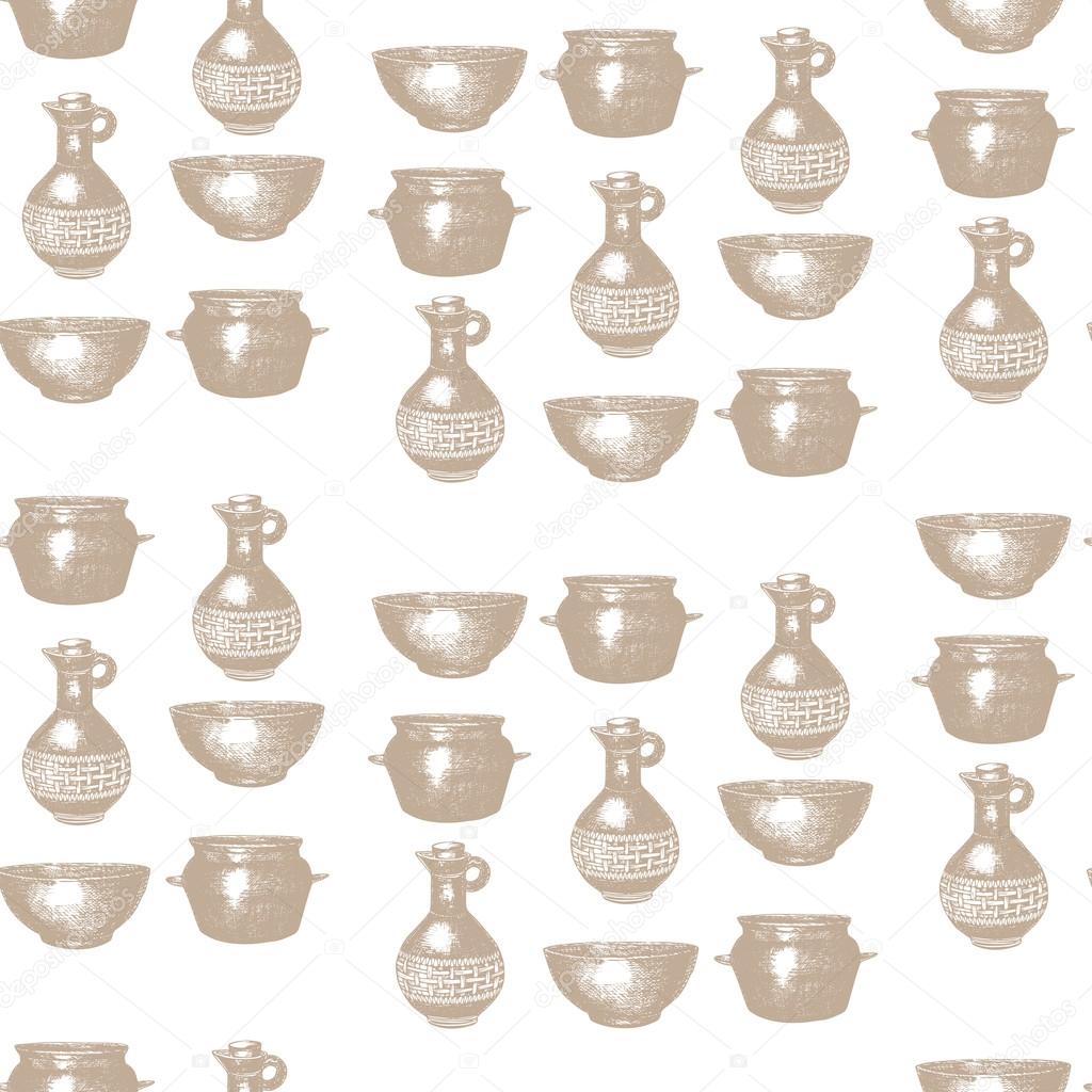 Empty hand drawn cooking dishes, seamless pattern