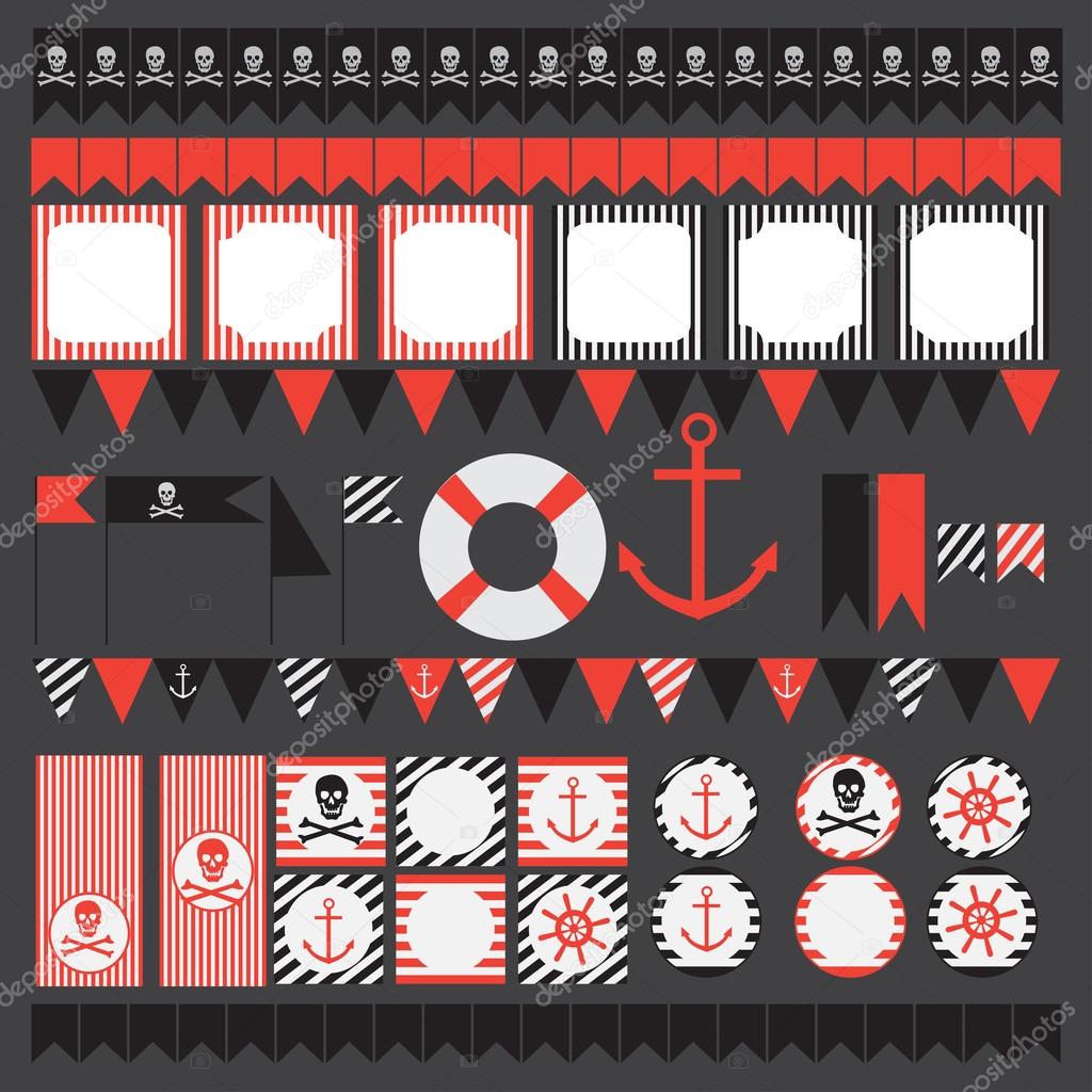 Printable set of vintage pirate party elements. 