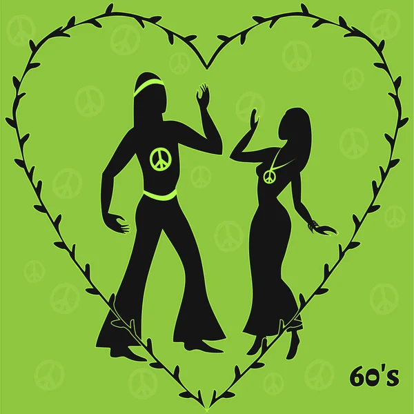 Twee hippie dansers, retro illustratie van de jaren zestig — Stockvector