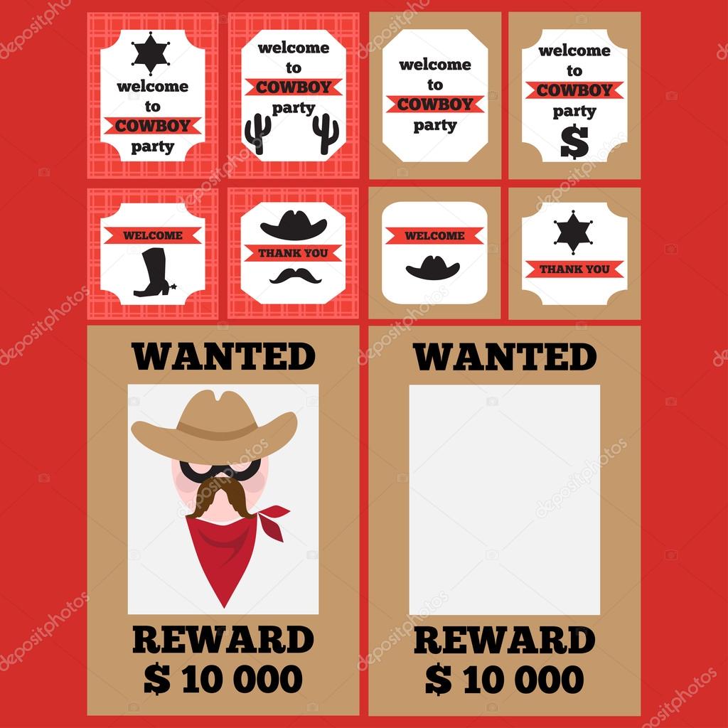 Printable set of vintage cowboy party elements. Templates, labels, icons and wraps