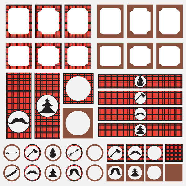 Printable set of vintage Lumberjack party elements. Templates, labels, icons and wraps.