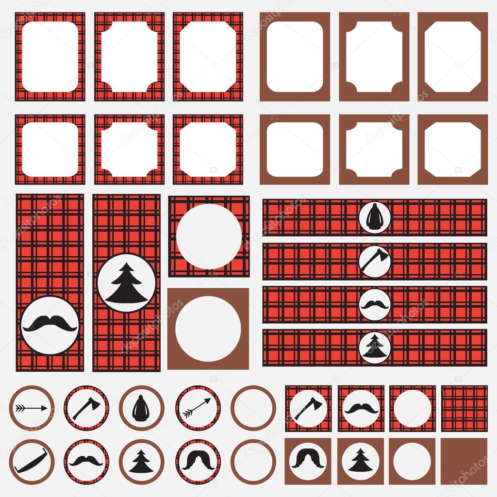 Printable set of vintage Lumberjack party elements. Templates, labels, icons and wraps. Trendy Hipster Buffalo Check ,Tartan and Gingham Patterns.